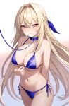 1girl absurdres bare_shoulders bikini blonde_hair blue_bikini blush braid breasts chain chain_leash cleavage collar counter:side frown hair_between_eyes hair_ribbon highres large_breasts leash ll_0109 long_hair looking_at_viewer mole mole_under_eye mors_(counter:side) navel red_eyes ribbon simple_background solo swimsuit thighs white_background 