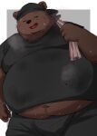  2023 absurd_res anthro bear belly big_belly black_nose bodily_fluids bottomwear brown_body clothing eyes_closed hi_res kemono male mammal musk overweight overweight_male pants scar shirt solo sweat topwear towel towel_on_shoulder trail_arnak 