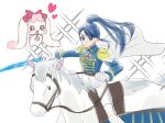  1girl 1other alternate_costume amagan_ruruboshi blue_eyes blue_hair cape epaulettes expressionless heart holding holding_sword holding_weapon horseback_riding long_hair looking_at_another looking_to_the_side military_uniform milk_(yes!_precure_5) minazuki_karen pants ponytail precure red_brooch riding sword uniform weapon white_cape white_horse white_pants yes!_precure_5 