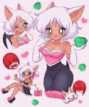  1990s_(style) 1boy 1girl absurdres angry animal_ears anklet bat_(animal) bat_ears bat_girl bat_tail bat_wings black_bodysuit black_dress black_footwear blush bodysuit breasts chaos_emerald chelly_(chellyko) cleavage collarbone dark_skin dress echidna_(animal) eyeshadow fangs gem glasses gloves green_eyes grid grid_background grin heart hetero highres holding humanization jewelry knuckles_the_echidna looking_at_viewer makeup medium_breasts multiple_views nail_polish one_eye_closed open_mouth painting_nails phone pink_background pink_nails ponytail red_fur retro_artstyle rotary_phone rouge_the_bat shoes short_hair sleeveless sleeveless_dress smile sonic_(series) sparkle sticker strap_slip sweatdrop tail teeth white_fur white_gloves white_hair wings 