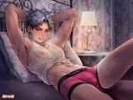  1boy armpits arms_behind_head bed boxer_briefs clenched_teeth cover cover_page covered_nipples doujin_cover ear_piercing earrings grey_hair jewelry lamp legs looking_at_viewer male_focus male_underwear navel nightstand on_bed original piercing pillow pink_male_underwear rifuru see-through stud_earrings sweat tank_top teeth toned toned_male underwear 
