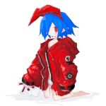  1girl barefoot blue_hair blush closed_mouth coat disgaea hair_over_one_eye highres holding holding_stuffed_toy kneeling long_sleeves open_clothes open_coat panties pleinair pointy_ears red_coat red_eyes reitoubeef short_hair simple_background solo stuffed_animal stuffed_rabbit stuffed_toy underwear usagi-san white_background white_panties 