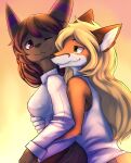  absurd_res anthro blonde_hair brown_body brown_hair clothed clothing duo embrace female glistening glistening_eyes green_eyes hair hi_res hug hugging_from_behind kuttoyaki markings mouth_closed purple_eyes purple_hair purple_markings side_view simple_background topwear white_clothing white_topwear 