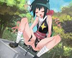  1girl ahoge ankle_wrap anus azumaya_koyuki bar_censor black_hair blue_sky bow censored closed_eyes day dutch_angle female_ejaculation female_masturbation fishnets fountain hair_bow highres japanese_clothes keroro_gunsou masturbation ninja no_panties open_mouth outdoors pink_bow pokeeti ponytail public_indecency pussy pussy_juice sandals sash sky sleeveless socks solo spread_pussy squatting water_masturbation 