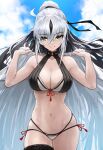  1girl ahoge bikini black_hair breasts cleavage colored_inner_hair fate/grand_order fate_(series) highres large_breasts long_hair multicolored_hair nagao_kagetora_(fate) navel ponytail smile sterben swimsuit two-tone_bikini white_hair yellow_eyes 