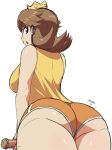  1girl absurdres ass blue_eyes brown_hair crown from_behind highres holding_tennis_racket long_hair looking_at_viewer mario_(series) mario_tennis maru_zyru_kun open_mouth princess princess_daisy shirt short_shorts shorts simple_background sleeveless solo white_background 