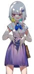  animal_on_shoulder bag bird bird_on_shoulder blue_hair blue_skirt colored_inner_hair hair_ornament highres lize_helesta looking_at_animal medium_hair multicolored_hair nijisanji open_mouth purple_eyes sebastian_piyodore shirt short_sleeves shoulder_bag simple_background skirt smile solo sukuna136 virtual_youtuber wet white_background white_hair white_shirt 