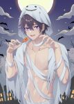  1boy bandages black_hair blanc1771 candy cloud earrings food halloween halloween_costume highres indie_virtual_youtuber jack-o&#039;-lantern jewelry looking_at_viewer male_focus moon muscular muscular_male night open_mouth purple_eyes short_hair shoto_(vtuber) sky smile solo topless_male virtual_youtuber 