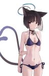  1girl absurdres animal_ears arm_behind_back bad_id bad_pixiv_id bare_arms bare_legs bare_shoulders bikini black_eyes black_hair black_nails blue_archive blue_halo blush breasts cat_ears cat_tail closed_mouth cowboy_shot fingernails halo highres kikyou_(blue_archive) looking_at_viewer multiple_tails nail_polish navel purple_bikini short_hair side-tie_bikini_bottom simple_background small_breasts solo swimsuit tail two_tails white_background xsan 