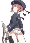  ass black_dress black_headwear black_sailor_collar brown_eyes brown_hair butt_crack commentary_request cowboy_shot dress from_behind fuji_(pixiv24804665) gun hat highres kantai_collection looking_at_viewer looking_back panties rifle sailor_collar sailor_dress sailor_hat short_hair simple_background underwear weapon white_background white_panties z3_max_schultz_(kancolle) 