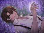  1boy arm_up brown_hair collared_shirt commentary field flower flower_field grin hair_between_eyes heathcliff_(limbus_company) highres jewelry lavender_(flower) limbus_company looking_at_viewer lying male_focus on_back partially_unbuttoned project_moon purple_eyes purple_flower ring scar scar_on_arm scar_on_cheek scar_on_chest scar_on_face scar_on_hand scar_on_neck shirt short_hair sideways_glance smile solo suspenders symbol-only_commentary too_many_scars upper_body wedding_ring white_shirt zerricat 