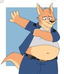  2023 4_fingers anthro belly big_belly bottomwear brok_the_investigator clothing fingers hi_res humanoid_hands kangaroo macropod male mammal marsupial navel oth305 overweight overweight_male ozzythewolf pants shirt sin_(brok_the_investigator) solo topwear 