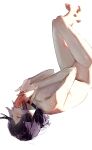  1girl absurdres blush chainsaw_man choker closed_eyes completely_nude feet from_side hair_bun hands_on_own_face highres mysk_a nude purple_hair reze_(chainsaw_man) sidelighting single_hair_bun smile solo upside-down white_background 