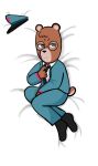  2023 anthro bear biped blush bottomwear brown_body capitan_hocicos clothing dakimakura_pose eyewear glasses gummytweek hat headgear headwear hi_res lying mammal necktie pants shirt solo topwear unicorn_wars 