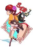  2girls angry ass blue_eyes breasts brown_hair edoya_inuhachi flower hair_flower hair_ornament happy highres ice_skates multiple_girls open_mouth p-chan pig pink_flower ranma-chan ranma_1/2 red_hair shiratori_azusa simple_background skates white_background 