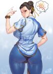  1girl ass blush bracelet breasts brown_eyes brown_hair cameltoe china_dress chinese_clothes chun-li double_bun dress earrings gonster hair_bun highres jewelry large_breasts looking_at_viewer short_hair solo street_fighter street_fighter_6 sweat thick_thighs thighs 