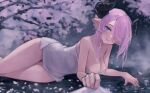  1girl absurdres bare_shoulders blue_eyes breasts cherry_blossoms cleavage elbow_rest granblue_fantasy hair_over_one_eye highres horns inoryyy000 large_breasts looking_at_viewer lying naked_towel narmaya_(granblue_fantasy) on_side pink_hair smile solo towel 