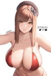  1girl artist_name beret bikini blush breasts brown_hair cleavage collarbone emma_(nikke) feikyart goddess_of_victory:_nikke hat highres huge_breasts long_hair looking_at_viewer navel parted_lips red_bikini solo swimsuit 