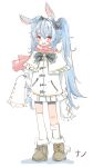  :d absurdres animal_ear_fluff animal_ears black_bow black_shorts blue_coat blue_hair bow brown_footwear coat frills hair_bow highres indie_virtual_youtuber kneehighs long_hair nanobites open_mouth rabbit_ears red_eyes red_scarf scarf shorts sleeves_past_fingers sleeves_past_wrists smile socks teeth upper_teeth_only very_long_hair very_long_sleeves virtual_youtuber wwparasi 