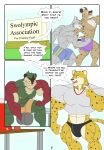  animated anthro bottomwear canid canine canis cheetah clothing comic felid feline group gym hi_res hyena male mammal muscular muscular_anthro muscular_male muscular_thighs proxol_(artist) running shorts speedo swimwear text wolf 
