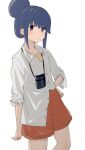  1girl absurdres blue_hair blush collared_shirt hair_bun hand_on_own_hip haramaki_(haranomaki) highres looking_at_viewer orange_shorts purple_eyes shima_rin shirt shirt_partially_tucked_in shorts sidelocks simple_background single_hair_bun sleeves_rolled_up solo white_background white_shirt yurucamp 