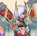 1girl arm_tattoo bare_shoulders belt black_eyes black_gloves breasts crop_top detached_wings gloves hair_over_one_eye horns inkshadow_kai&#039;sa kai&#039;sa league_of_legends long_sleeves navel outdoors phantom_ix_row red_belt red_eyes shiny_clothes short_hair single_sleeve small_breasts solo standing stomach tattoo teeth thighhighs white_hair wings 