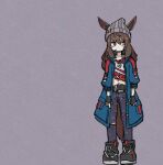  1girl animal_ears arms_at_sides beanie belt black_footwear black_gloves blue_coat boots brown_hair candy coat denim ears_through_headwear fingerless_gloves food full_body gloves grey_headwear hat horse_ears horse_girl horse_tail jeans jewelry lollipop long_hair long_sleeves looking_to_the_side midriff nakayama_festa_(umamusume) open_clothes open_coat pants pendant red_eyes red_shirt shirt simple_background solo standing sudzume tail torn_clothes torn_jeans torn_pants torn_shirt umamusume 