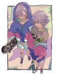  2boys brothers choker closed_eyes colored_inner_hair green_hair highres hood hood_up jacket light_purple_hair male_focus medium_hair multicolored_clothes multicolored_hair multicolored_jacket multiple_boys paradox_live pink_jacket pout purple_background purple_eyes purple_jacket purple_shorts shirota69 short_hair shorts siblings skateboard twins white_choker white_shorts yatonokami_kanata yatonokami_nayuta 