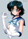  1girl absurdres bishoujo_senshi_sailor_moon blue_bow blue_bowtie blue_choker blue_sailor_collar blush bow bowtie choker circlet closed_mouth elbow_gloves gloves green_hair highres looking_at_viewer magical_girl medium_hair sailor_collar sailor_mercury shirt short_sleeves simple_background solo takatsuki_p white_gloves white_shirt 