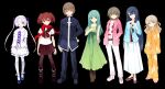  1boy 6+girls aqua_hair bandaged_head bandaged_leg bandages black_background black_neckerchief black_pantyhose black_skirt blue_hair brown_eyes brown_hair dress expressionless full_body gakuran green_dress green_eyes hair_bobbles hair_ornament highres jacket kurasuke light_brown_hair long_hair makki_shoujobyou_-lyrical_pop_world&#039;s_end- multiple_girls neckerchief pajamas pantyhose pink_jacket pleated_skirt purple_eyes red_eyes red_scarf scarf school_uniform serafuku shirt short_hair simple_background skirt smile tachi-e twintails very_long_hair white_hair white_shirt white_skirt 