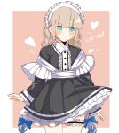  1boy alternate_costume alternate_hairstyle black_dress blonde_hair blue_eyes blush border braid bridal_garter captain_nemo_(fate) collar commentary crossdressing dress enmaided fate/grand_order fate_(series) freedumco frilled_dress frills hair_ribbon heart highres long_hair maid maid_headdress male_focus nemo_(fate) orange_background ribbon simple_background solo sweatdrop translated twin_braids very_long_hair white_border white_collar 