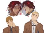  1other 2boys anger_vein blonde_hair brown_eyes brown_hair brown_jacket closed_eyes commentary erwin_smith frown goggles goggles_on_head hand_on_own_chin hand_on_own_neck hange_zoe hanpetos jacket moblit_berner multiple_boys open_mouth shingeki_no_kyojin sweat v-shaped_eyebrows 
