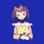  1other :d androgynous black_undershirt blue_background blush bob_cut brown_eyes brown_hair brown_shirt chara_(undertale) commentary copyright_name cropped_torso flower head_tilt holding holding_flower jewelry long_sleeves looking_at_viewer narrowed_eyes necklace open_mouth oshiruko_(tsume) own_hands_together parted_lips shirt short_hair simple_background smile solo turtleneck undertale yellow_flower 