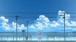  1girl animal_ears blue_dress blue_sky cat_ears cat_girl cat_tail chinese_commentary cloud commentary_request day dress highres holding horizon light_particles ocean original outdoors power_lines rune_xiao scenery short_hair sign signature sky solo standing tail utility_pole white_hair 