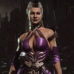  1girl asymmetrical_clothes bare_shoulders black_hair breasts center_opening cleavage closed_mouth dark_background detached_collar detached_sleeves dress edgylesbian eyeshadow game_screenshot grey_eyes large_breasts long_hair makeup mortal_kombat_(series) mortal_kombat_11 multicolored_hair purple_dress purple_eyeshadow purple_lips revealing_clothes sindel solo two-tone_hair upper_body white_hair 