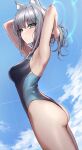  1girl absurdres animal_ear_fluff animal_ears armpits arms_behind_head arms_up ass bare_shoulders blue_archive blue_eyes blue_one-piece_swimsuit blue_sky blush breasts cross_hair_ornament extra_ears grey_hair hair_ornament halo highleg highleg_swimsuit highres looking_at_viewer medium_breasts medium_hair monegi multicolored_clothes multicolored_swimsuit one-piece_swimsuit shiroko_(blue_archive) shiroko_(swimsuit)_(blue_archive) short_ponytail sidelocks sky solo swimsuit thighs wolf_ears 