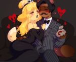  &lt;3 2023 4_fingers animal_crossing anthro bare_shoulders black_clothing black_dress black_hair black_nose blonde_hair blush bow_tie breasts canid canine canis cleavage clothed clothing dipstick_tail domestic_dog dress dress_shirt duo embrace eyebrow_through_hair eyebrows eyes_closed facial_hair female fingers fully_clothed furgonomics furniture gomez_addams hair hi_res holding_money holding_object isabelle_(animal_crossing) long_hair male mammal markings money money_bag morticia_addams mustache niniidawns nintendo open_mouth open_smile romantic romantic_couple shih_tzu shirt short_hair sitting small_breasts small_waist smile sofa suit tail tail_markings the_addams_family topwear toy_dog translucent translucent_hair 