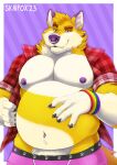  2023 anthro areola barazoku belly canid canine clothed clothing ear_piercing facial_piercing footprint fox fur half-length_portrait hi_res lgbt_pride looking_at_viewer male mammal moobs musclegut navel nipples nose_piercing open_clothing open_shirt open_topwear overweight overweight_anthro overweight_male partially_clothed pattern_clothing pawprint piercing pink_clothing pink_underwear pinup plaid plaid_clothing portrait pose pride_colors pubes purple_eyes purple_nipples rainbow_pride_colors shirt skai skaifox snaggle_tooth solo striped_body striped_fur stripes topwear underwear underwear_down wristband yellow_body yellow_fur 