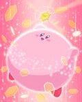  blue_eyes blush_stickers commercial hexagon highres kirby kirby_(series) light magic miclot no_humans open_mouth pink_background pink_footwear shoes simple_background smile sparkle sparkling_eyes suntory wand 