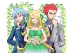  1girl 2boys alternate_costume bare_shoulders blue_eyes blue_hair bouquet closed_eyes commentary_request cynthia_(pokemon) dress erushiza flower green_dress hair_ribbon jewelry lance_(pokemon) multiple_boys necklace necktie pearl_necklace pokemon pokemon_(game) pokemon_dppt pokemon_hgss pokemon_oras red_hair ribbon smile steven_stone white_background white_flower 