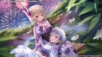  2girls aerial_fireworks assault_lily blonde_hair blue_flower blurry blurry_foreground blush braid closed_mouth commentary_request dutch_angle eye_contact fireworks floral_print flower grey_hair hair_flower hair_ornament hand_on_another&#039;s_head hand_on_own_stomach hand_up japanese_clothes kimono knees_up kon_kanaho lap_pillow light_blush lily_pad long_hair long_sleeves looking_at_another looking_down looking_up lying miyagawa_takane multiple_girls night obi official_alternate_costume official_alternate_hairstyle official_art on_back outdoors parted_lips pink_flower pond print_kimono purple_eyes purple_kimono sash short_hair side_braid sitting smile water water_lily_flower watermark weri white_flower white_kimono yellow_eyes yellow_flower yukata 