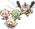  4girls :d ahoge ami_ria ayano_rika bell black_horns blank_eyes blonde_hair bow bowtie boyano chibi closed_eyes club_(weapon) coat crying detached_sleeves dress fleeing green_footwear green_hoodie green_scarf grey_hair grey_skirt hair_between_eyes hair_over_one_eye holding holding_weapon hood hoodie horns japanese_clothes jingle_bell kanabou kimono kureha_yuna long_hair long_sleeves magia_record:_mahou_shoujo_madoka_magica_gaiden magical_girl mahou_shoujo_madoka_magica miniskirt miyabi_shigure multiple_girls nervous_smile okobo one_eye_covered open_mouth pink_bow pink_bowtie pink_coat red_dress red_eyes red_footwear running sailor_dress scared scarf short_hair simple_background single_horn skirt sleeveless_coat smile socks sweat two_side_up very_long_hair weapon white_background white_footwear white_socks yellow_kimono 