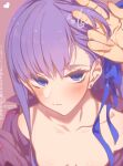  1girl 1other bare_shoulders blue_eyes blue_ribbon blush breasts collarbone commentary_request fate/extra fate/extra_ccc fate/grand_order fate_(series) hair_ribbon highres jacket long_hair long_sleeves looking_at_viewer meltryllis_(fate) mitsurugi_sugar off_shoulder pov pov_hands purple_hair purple_jacket ribbon small_breasts solo_focus translation_request 