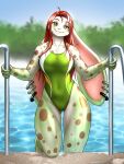  absurd_res anthro big_ears breasts butt_from_the_front clothed clothing female fur hair hi_res lagomorph leporid long_ears looking_at_viewer mammal mykegreywolf one-piece_swimsuit rabbit red_hair smile solo spots spotted_body spotted_fur swimming_pool swimwear wet wet_body wet_fur willow_coineanach_(blissey1) 