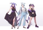  3girls ahoge blue_eyes blue_hair boots breasts cipher4109 clothes_lift commentary dress dress_lift elira_pendora english_commentary enna_alouette fishnet_pantyhose fishnets full_body grey_hair hair_over_one_eye hat head_wings heterochromia high_heels highres jacket lifted_by_self looking_at_viewer medium_breasts midriff multiple_girls navel nijisanji nijisanji_en pantyhose purple_eyes purple_hair selen_tatsuki short_hair shorts simple_background slit_pupils smile standing thigh_strap virtual_youtuber white_background wings 