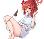  1girl absurdres ass barefoot black_tail blue_archive blue_eyes blush breasts buttons collared_shirt demon_horns halo highres horns large_breasts long_hair looking_at_viewer megu_(blue_archive) open_mouth pointy_ears red_hair red_halo red_horns shirt short_sleeves simple_background smile solo white_background white_shirt ziro_(zirorong) 