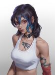  1girl absurdres arm_tattoo bandaid bandaid_on_face bandaid_on_nose bare_shoulders black_hair blue_hair breasts cleavage collar earrings facial_tattoo hair_between_eyes highres jewelry liu2e3ing looking_at_viewer medium_hair midriff multicolored_hair original pointy_ears red_eyes red_lips simple_background single_earring solo tank_top tattoo white_tank_top 