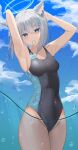  1girl absurdres animal_ear_fluff animal_ears armpits arms_up blue_archive blue_eyes breasts collarbone competition_swimsuit covered_navel grey_hair groin habetto_(jvzt7737) halo highres looking_at_viewer mismatched_pupils mouth_hold official_art one-piece_swimsuit rubber_band shiroko_(blue_archive) shiroko_(swimsuit)_(blue_archive) small_breasts solo swimsuit two-tone_swimsuit wolf_ears 