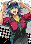  1boy absurdres arms_up baseball_cap black_headwear blue_hair bruno_(yu-gi-oh!) celebration checkered_background collared_jacket commentary_request confetti grey_eyes grey_pants happy hat highres jacket male_focus official_alternate_costume open_mouth pants red_jacket shirt short_hair sleeves_rolled_up smile solo upper_body yellow_shirt youko-shima yu-gi-oh! yu-gi-oh!_5d&#039;s zipper 