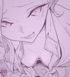  1girl absurdres anjou_(yancha_gal) bra breasts covering covering_breasts cuddling facing_viewer greyscale highres looking_at_viewer monochrome non-web_source photoshop_(medium) school_uniform shirt small_breasts tongue tongue_out underwear volga-709 